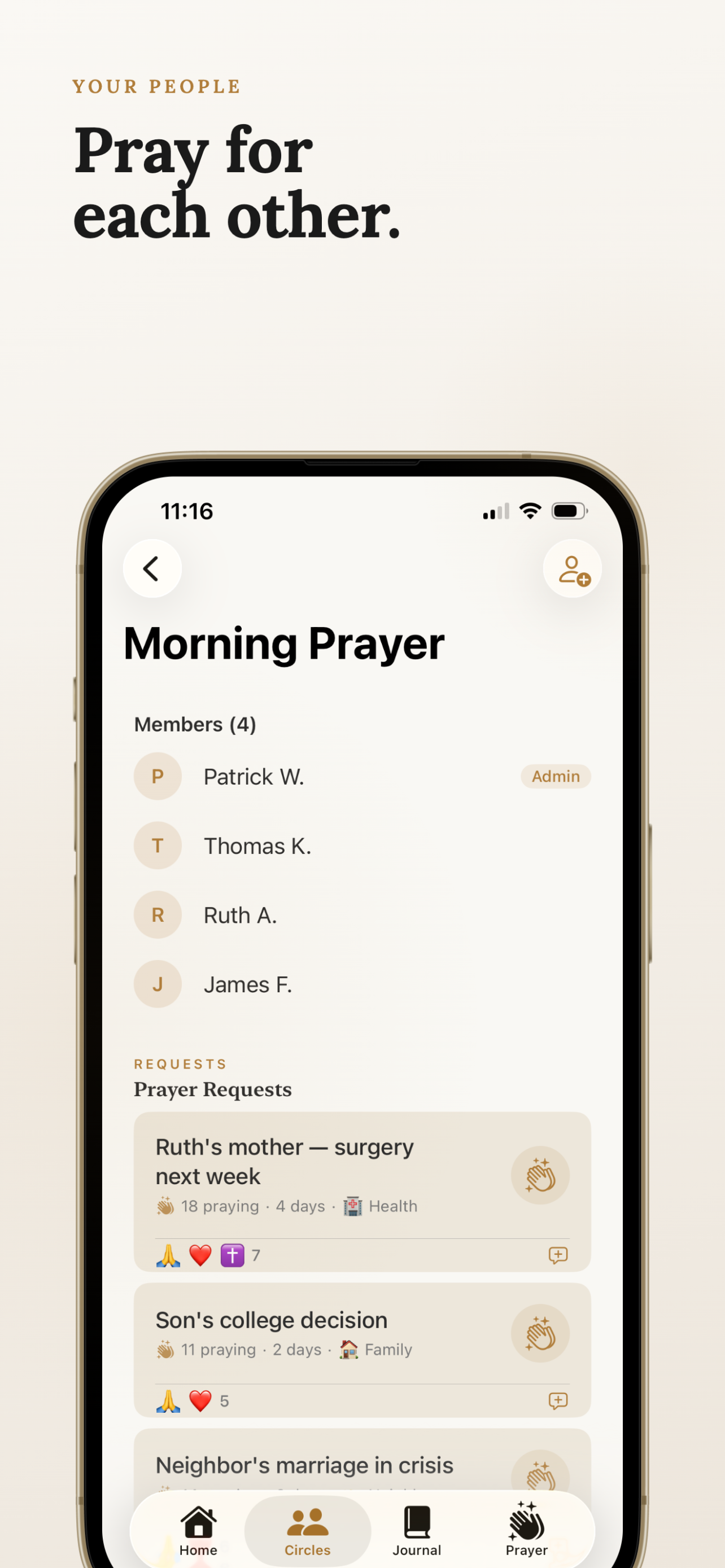 Sacred Circles app showing a circle named Morning Prayer with prayer requests from circle members